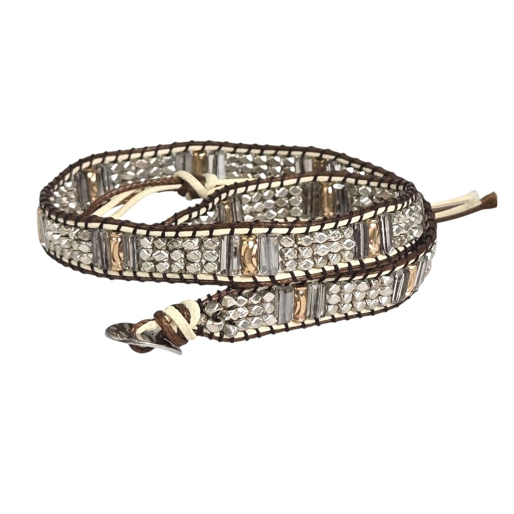 Katie Soleil Silver Crystal &‎ Pink Gold Hand Made Beaded Brown & Wrap Bracelet